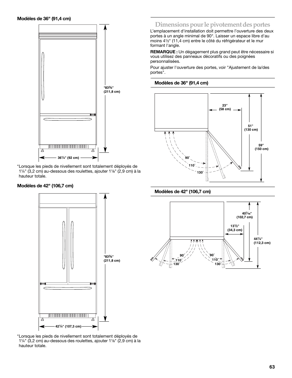 Dimensions pour le pivotement des portes | KITCHENAID Bottom-Mount Built-In Refrigerator User Manual | Page 63 / 84