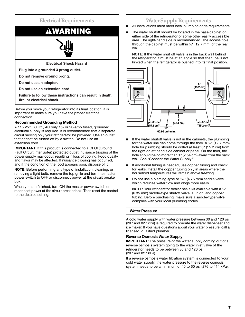 Warning, Electrical requirements, Water supply requirements | KITCHENAID Bottom-Mount Built-In Refrigerator User Manual | Page 7 / 84