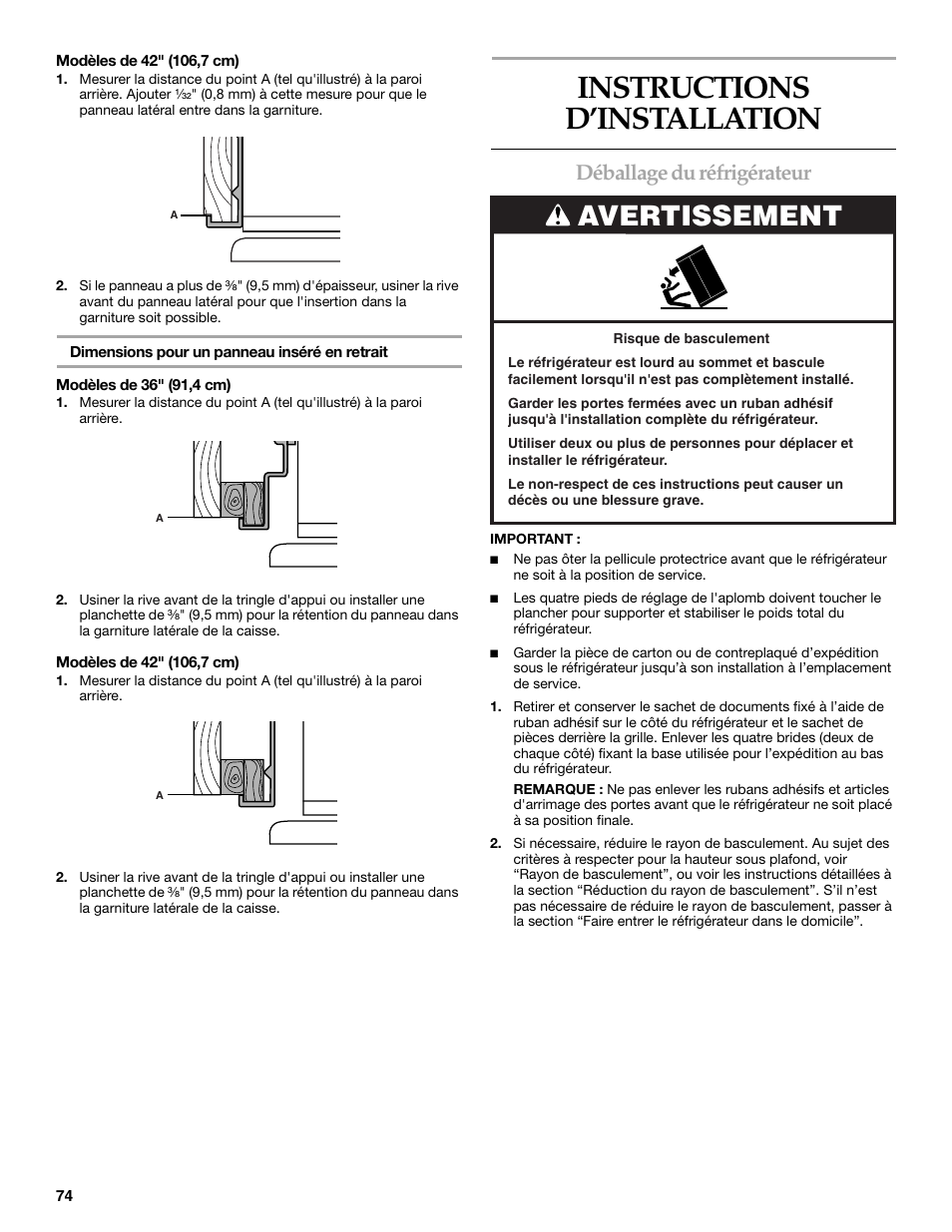 Instructions d’installation, Avertissement, Déballage du réfrigérateur | KITCHENAID Bottom-Mount Built-In Refrigerator User Manual | Page 74 / 84