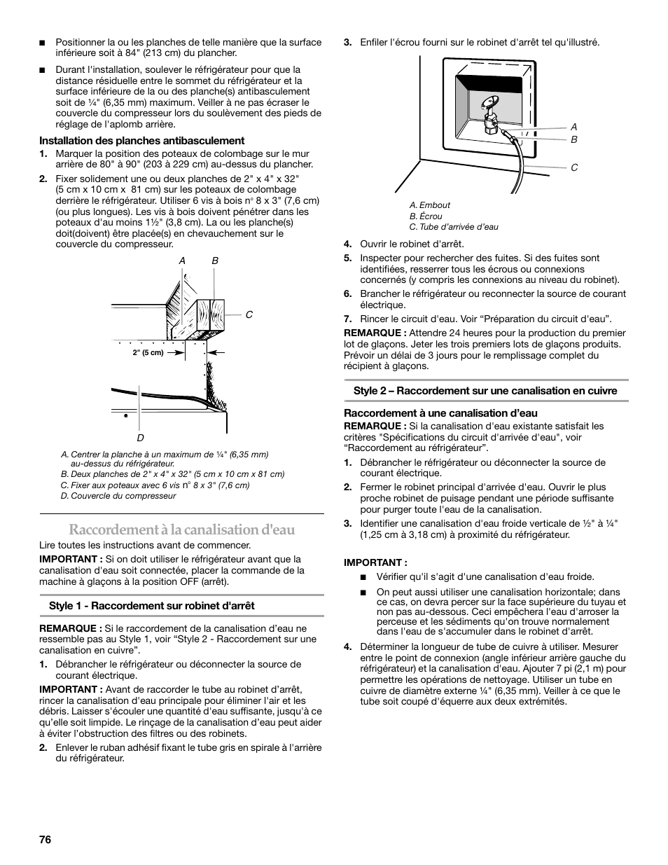 Raccordement à la canalisation d'eau | KITCHENAID Bottom-Mount Built-In Refrigerator User Manual | Page 76 / 84