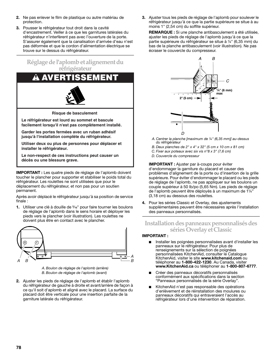 Avertissement, Réglage de l'aplomb et alignement du réfrigérateur | KITCHENAID Bottom-Mount Built-In Refrigerator User Manual | Page 78 / 84