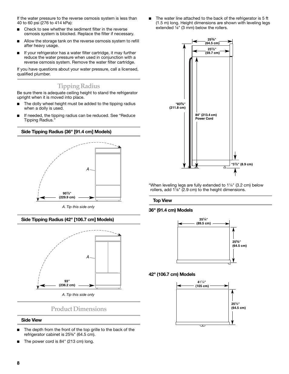 Tipping radius, Product dimensions | KITCHENAID Bottom-Mount Built-In Refrigerator User Manual | Page 8 / 84