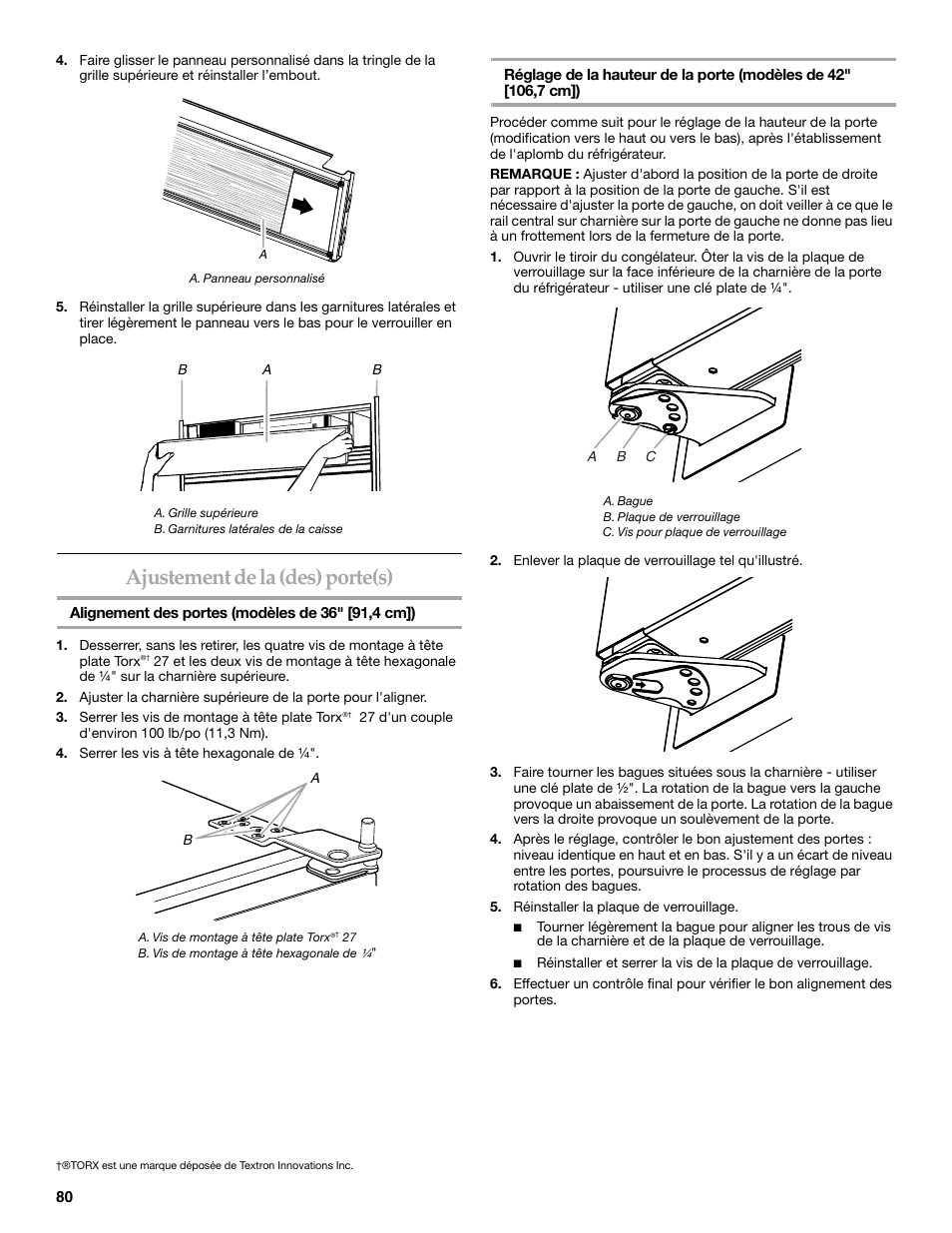 Ajustement de la (des) porte(s) | KITCHENAID Bottom-Mount Built-In Refrigerator User Manual | Page 80 / 84