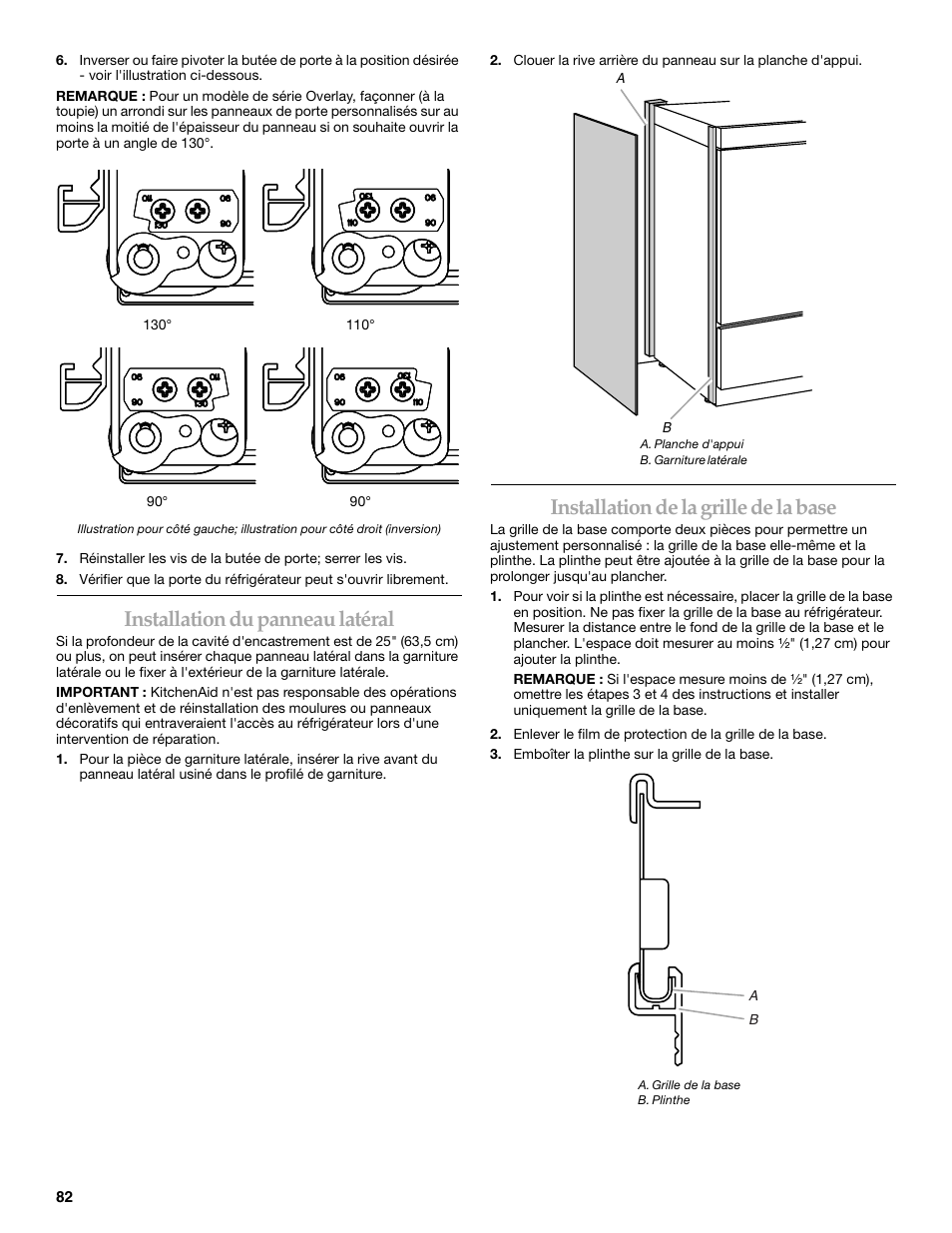 Installation du panneau latéral, Installation de la grille de la base | KITCHENAID Bottom-Mount Built-In Refrigerator User Manual | Page 82 / 84