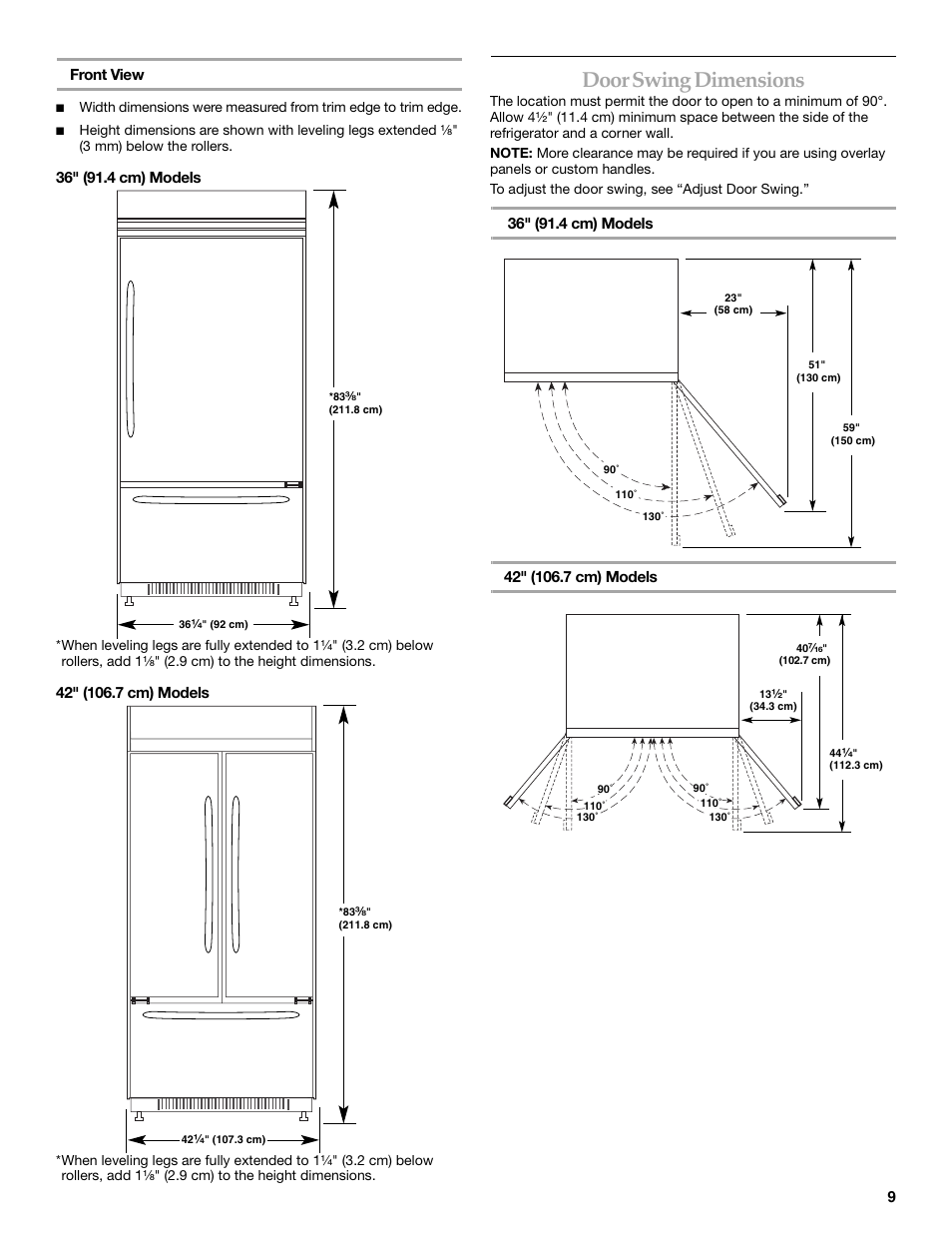 Door swing dimensions | KITCHENAID Bottom-Mount Built-In Refrigerator User Manual | Page 9 / 84