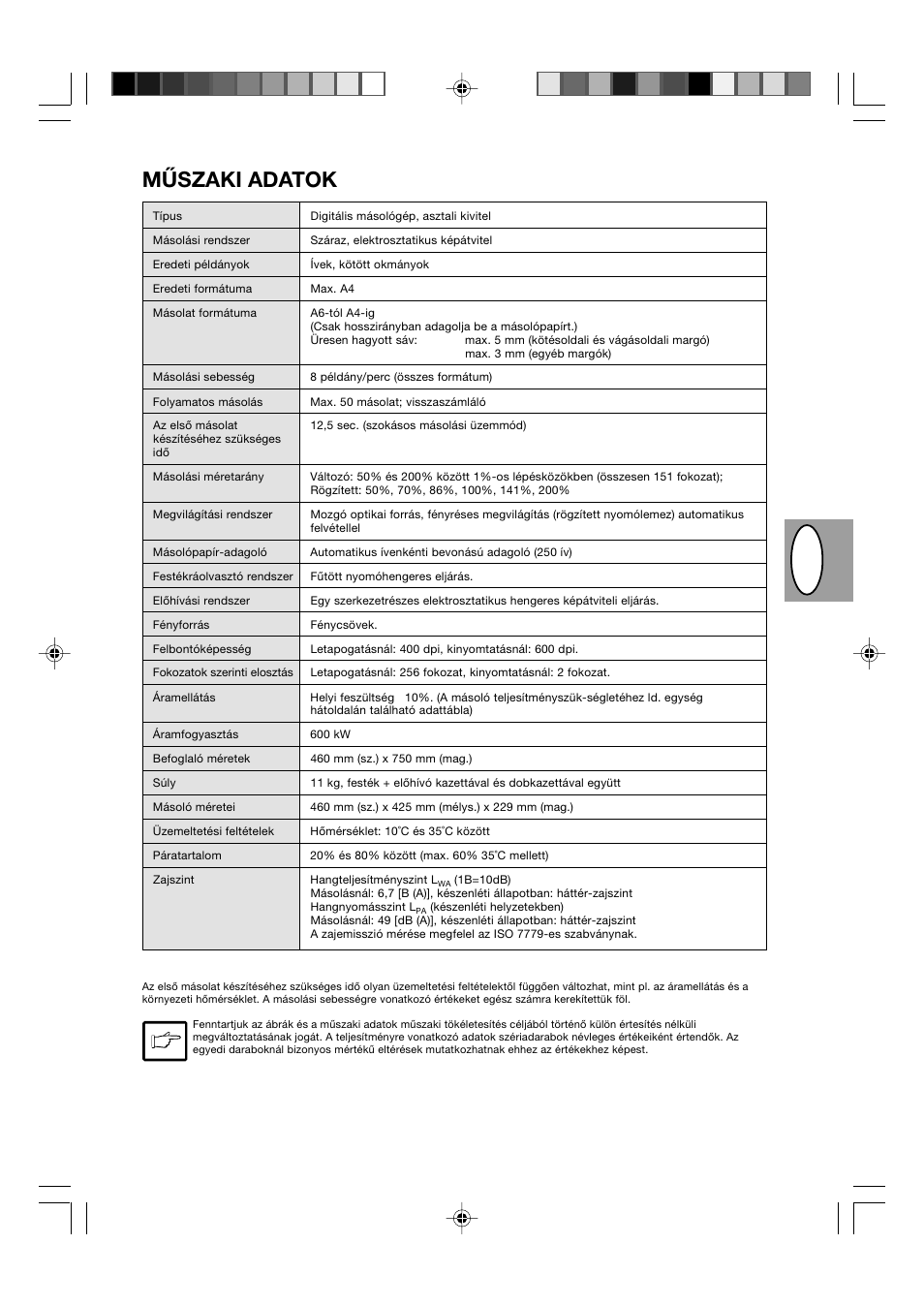 Hr u s, Műszaki adatok | Sharp AL-840-2 User Manual | Page 50 / 171