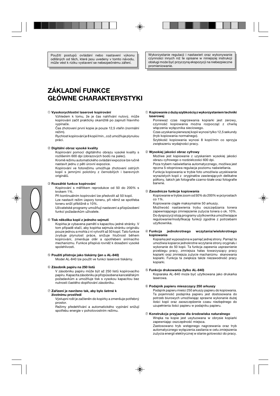 Pl cz, Základní funkce główne charakterystyki | Sharp AL-840-2 User Manual | Page 58 / 171