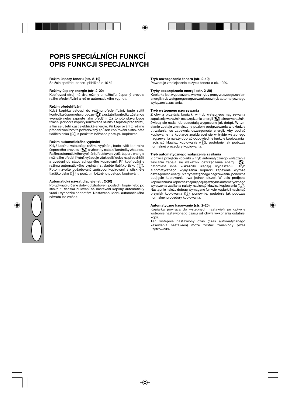 Pl cz, Popis speciálních funkcí opis funkcji specjalnych | Sharp AL-840-2 User Manual | Page 70 / 171