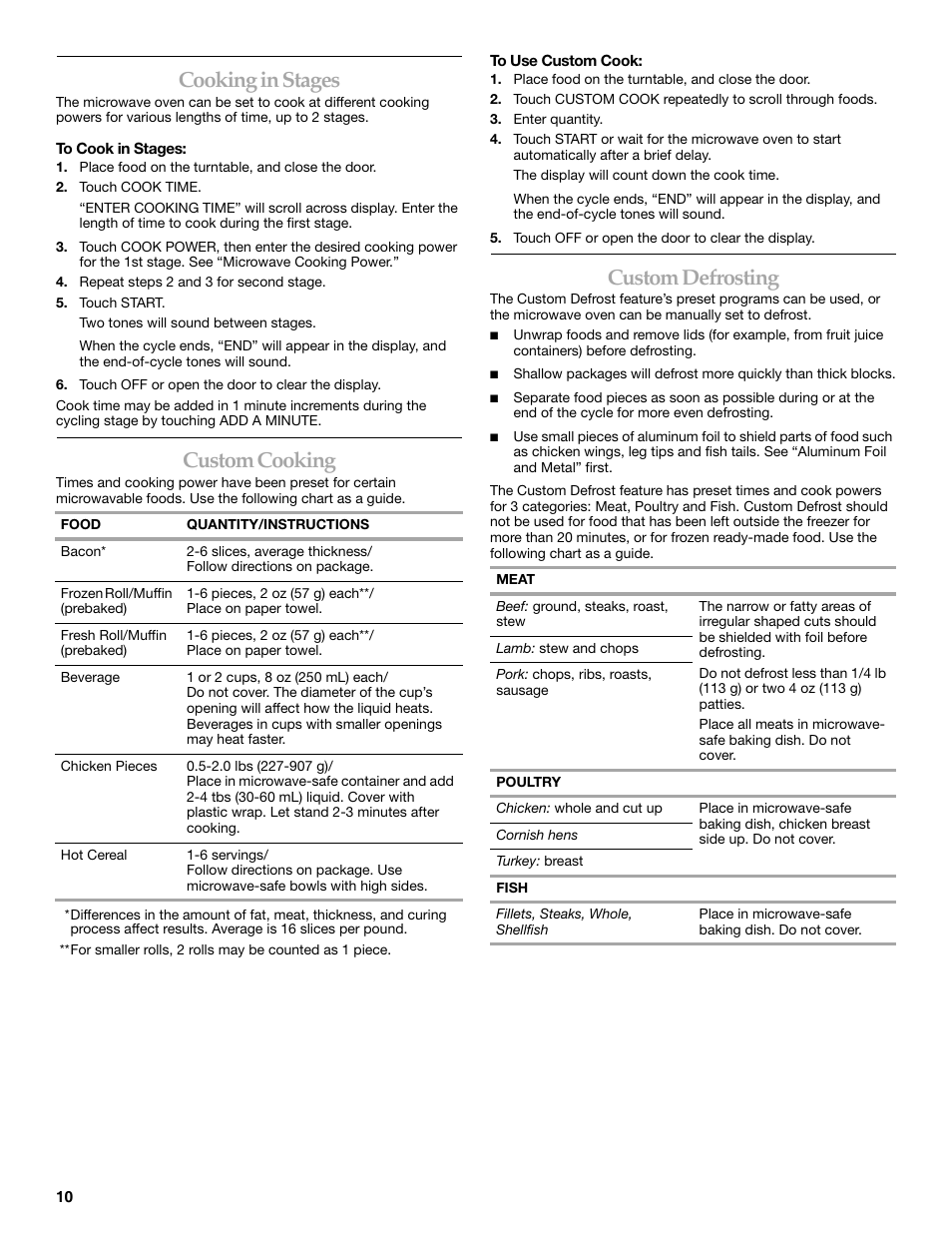 Cooking in stages, Custom cooking, Custom defrosting | KITCHENAID KCMS2055SSS User Manual | Page 10 / 16