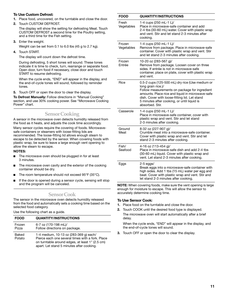 Sensor cooking, Sensor cook | KITCHENAID KCMS2055SSS User Manual | Page 11 / 16