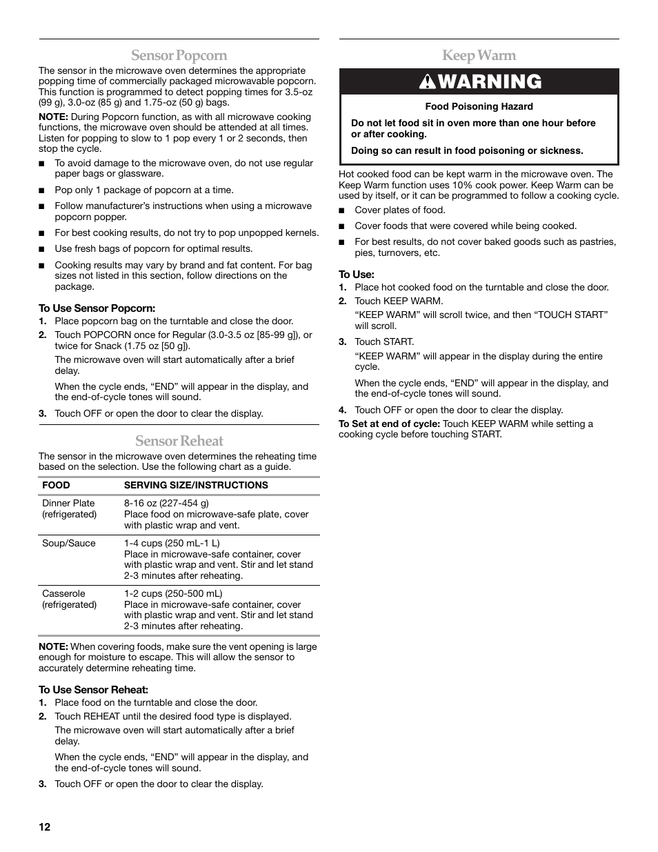 Warning, Sensor popcorn, Sensor reheat | Keep warm | KITCHENAID KCMS2055SSS User Manual | Page 12 / 16