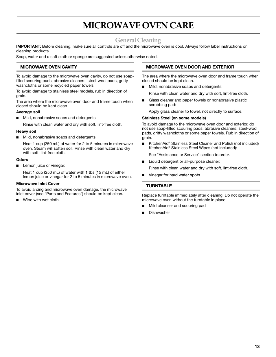 Microwave oven care, General cleaning | KITCHENAID KCMS2055SSS User Manual | Page 13 / 16