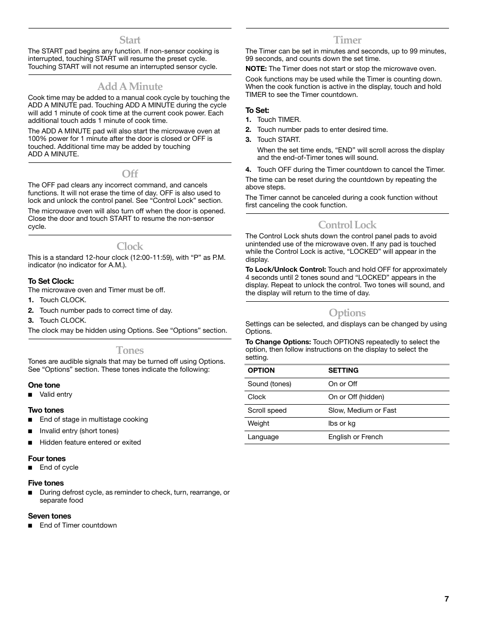 Start, Add a minute, Clock | Tones, Timer, Control lock, Options | KITCHENAID KCMS2055SSS User Manual | Page 7 / 16