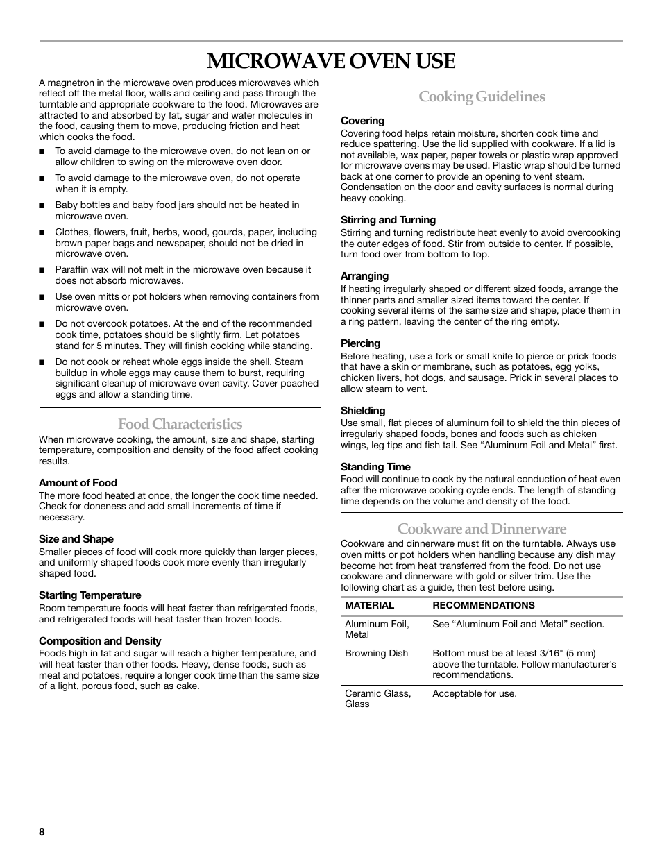Microwave oven use, Food characteristics, Cooking guidelines | Cookware and dinnerware | KITCHENAID KCMS2055SSS User Manual | Page 8 / 16
