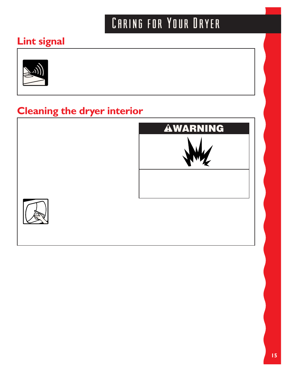 Lint signal, Cleaning the dryer interior, Wwarning | KITCHENAID KEYS777E User Manual | Page 15 / 24