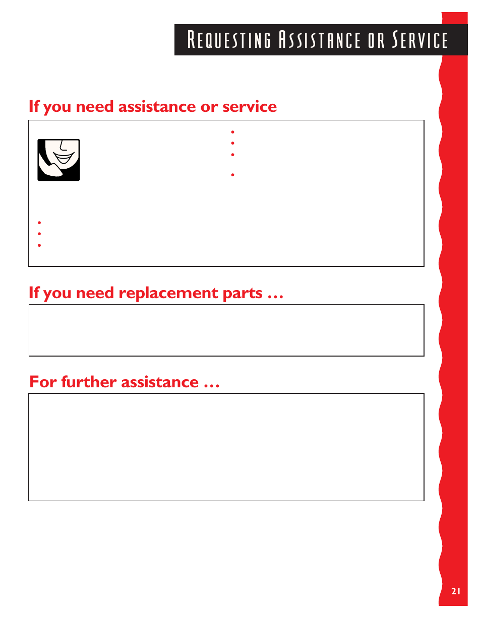 Requesting assistance or service, If you need assistance or service, If you need replacement parts | For further assistance | KITCHENAID KEYS777E User Manual | Page 21 / 24
