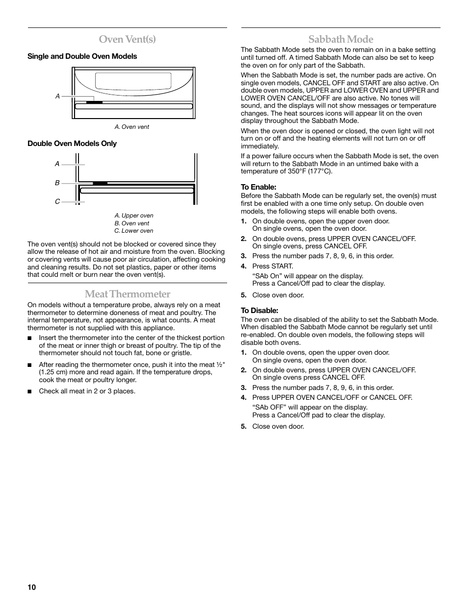 Oven vent(s), Meat thermometer, Sabbath mode | KITCHENAID KEBC147 User Manual | Page 10 / 24