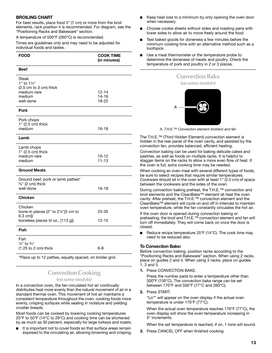 Convection cooking, Convection bake | KITCHENAID KEBC147 User Manual | Page 13 / 24