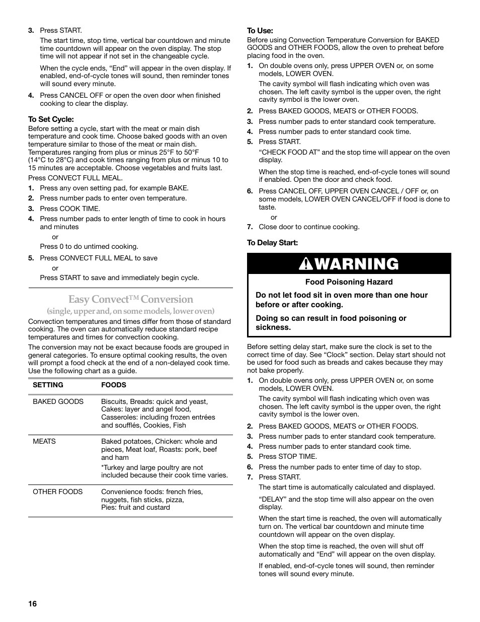 Warning, Easy convect™ conversion | KITCHENAID KEBC147 User Manual | Page 16 / 24