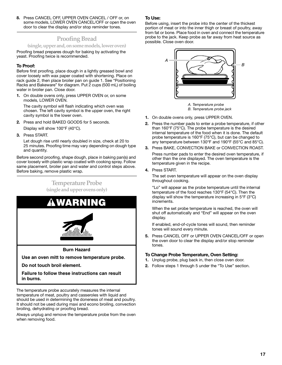 Warning, Proofing bread, Temperature probe | KITCHENAID KEBC147 User Manual | Page 17 / 24