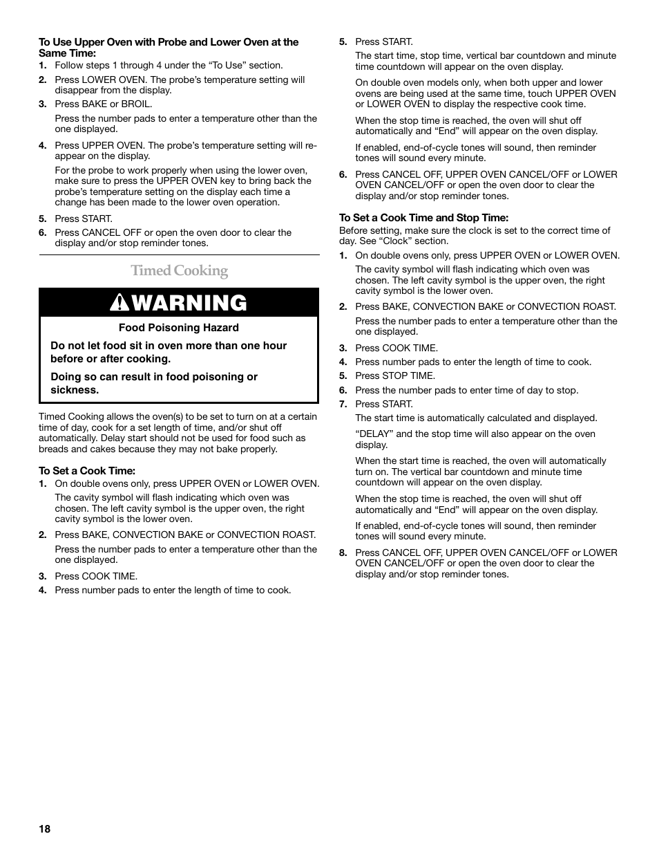 Warning, Timed cooking | KITCHENAID KEBC147 User Manual | Page 18 / 24