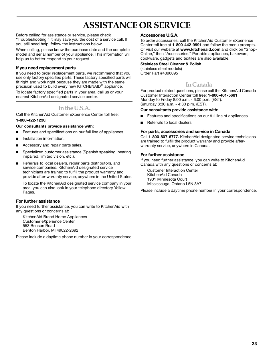 Assistance or service | KITCHENAID KEBC147 User Manual | Page 23 / 24