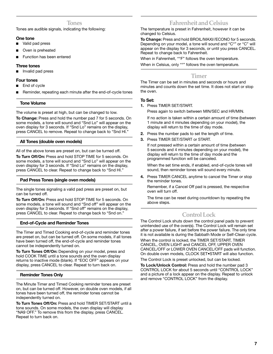 Tones, Fahrenheit and celsius, Timer | Control lock | KITCHENAID KEBC147 User Manual | Page 7 / 24