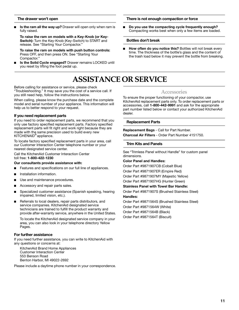 Assistance or service, Accessories | KITCHENAID Integrated Compactor 9871915A User Manual | Page 11 / 12