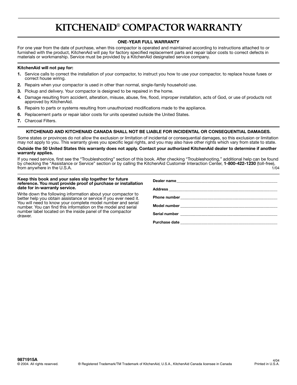 Kitchenaid, Compactor warranty | KITCHENAID Integrated Compactor 9871915A User Manual | Page 12 / 12