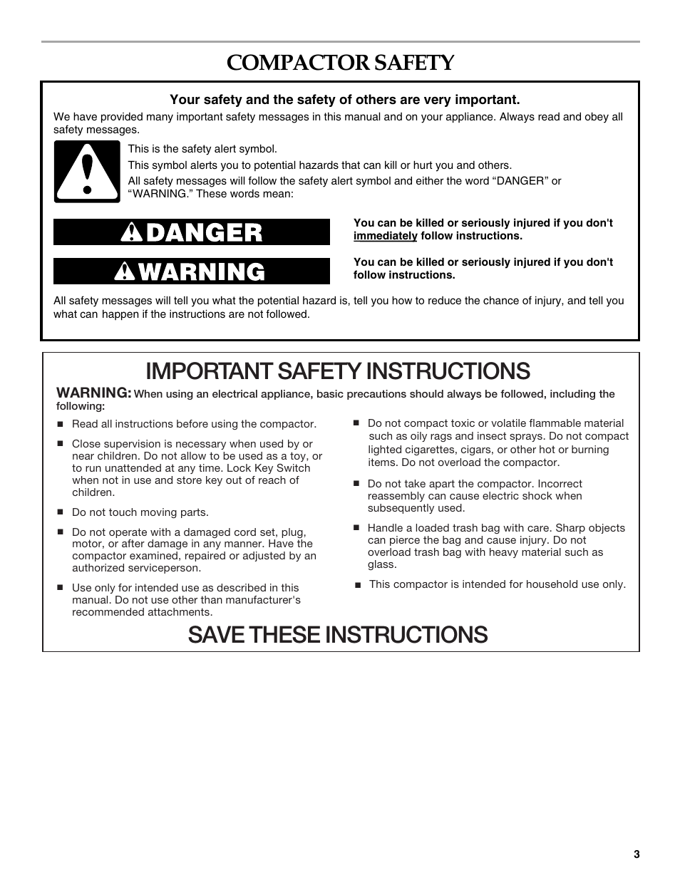 Important safety instructions, Save these instructions, Compactor safety | Warning | KITCHENAID Integrated Compactor 9871915A User Manual | Page 3 / 12