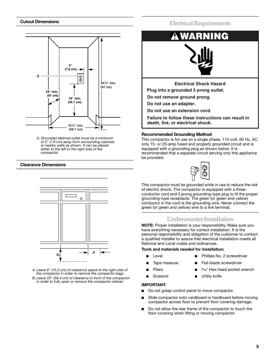 Warning, Electrical requirements, Undercounter installation | KITCHENAID Integrated Compactor 9871915A User Manual | Page 5 / 12