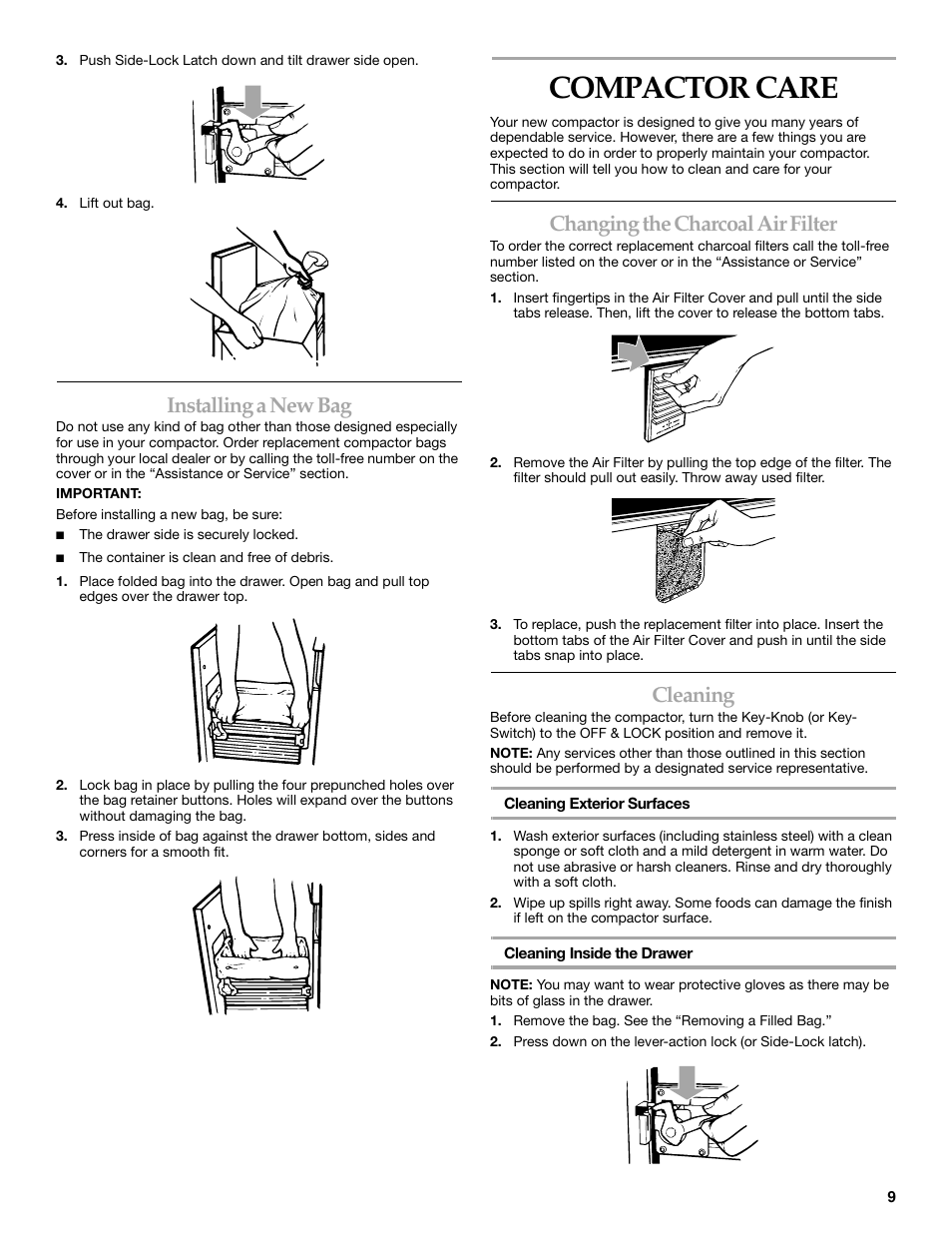 Compactor care, Installing a new bag, Changing the charcoal air filter | Cleaning | KITCHENAID Integrated Compactor 9871915A User Manual | Page 9 / 12