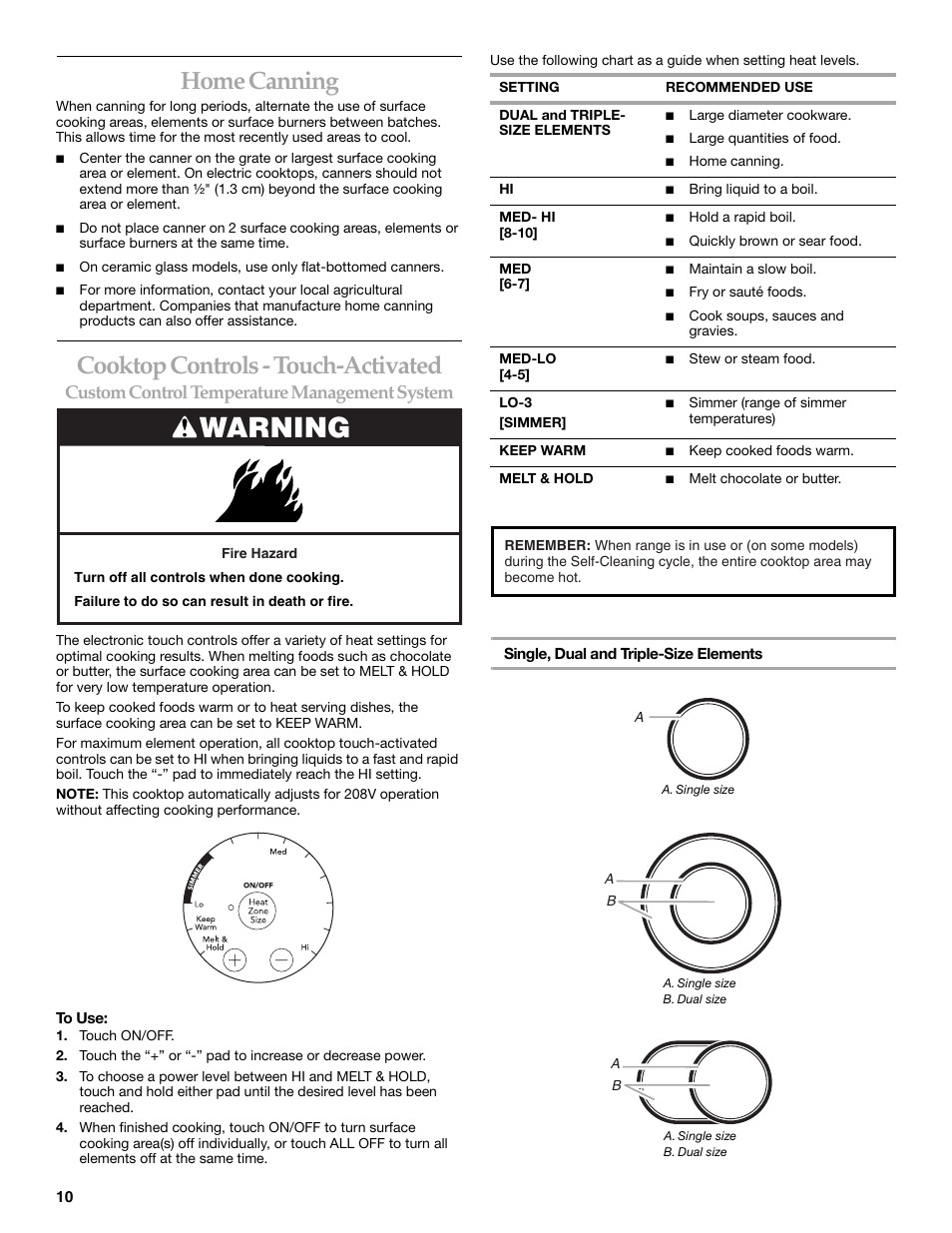 Warning, Home canning, Cooktop controls - touch-activated | Custom control temperature management system | KITCHENAID ARCHITECT SERIES II KERS807 User Manual | Page 10 / 32