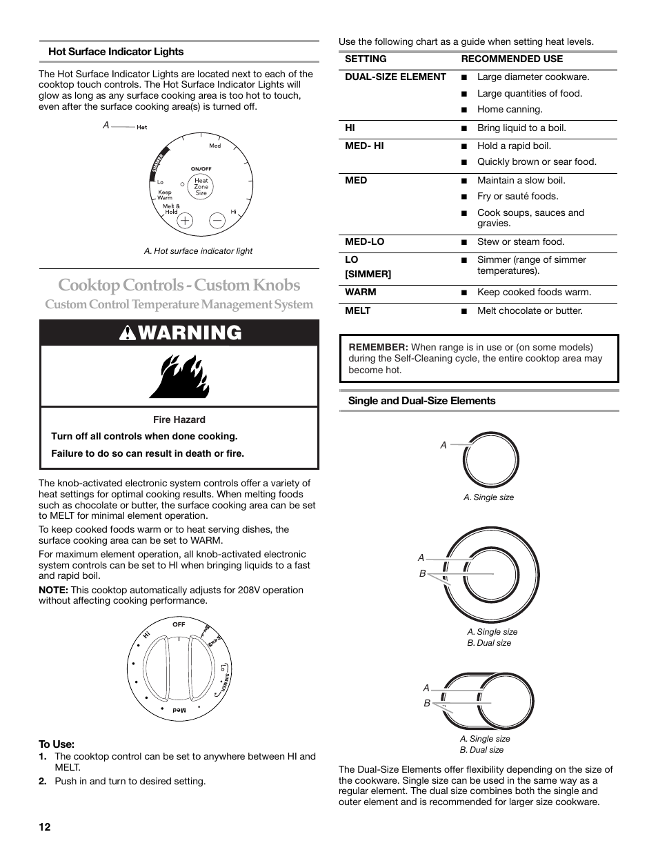 Warning, Cooktop controls - custom knobs, Custom control temperature management system | KITCHENAID ARCHITECT SERIES II KERS807 User Manual | Page 12 / 32