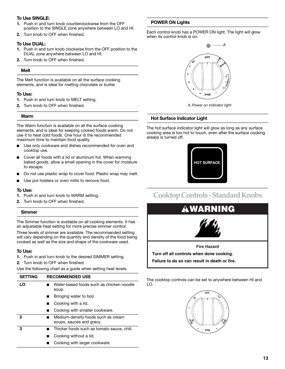 Warning, Cooktop controls - standard knobs | KITCHENAID ARCHITECT SERIES II KERS807 User Manual | Page 13 / 32