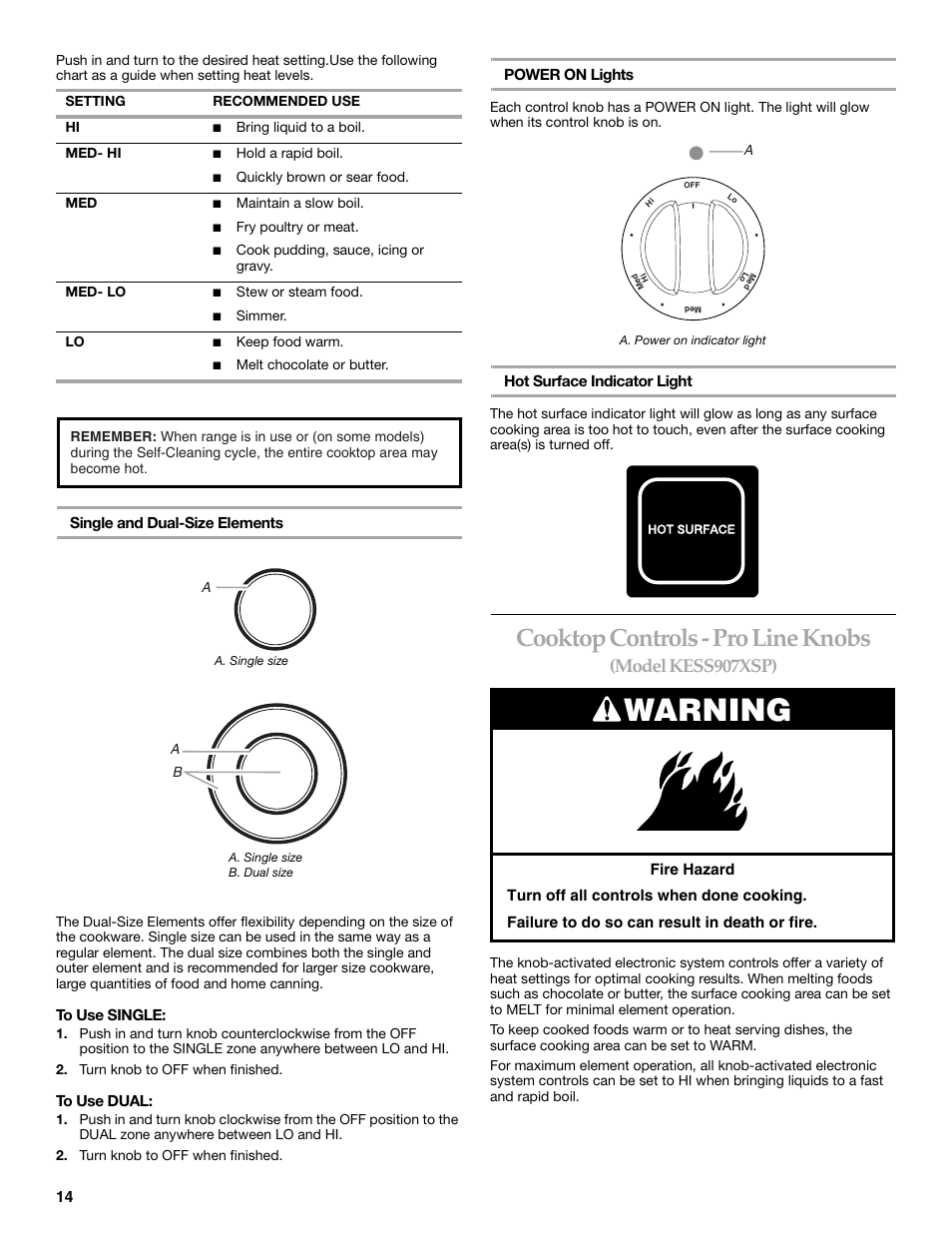 Warning, Cooktop controls - pro line knobs, Model kess907xsp) | KITCHENAID ARCHITECT SERIES II KERS807 User Manual | Page 14 / 32