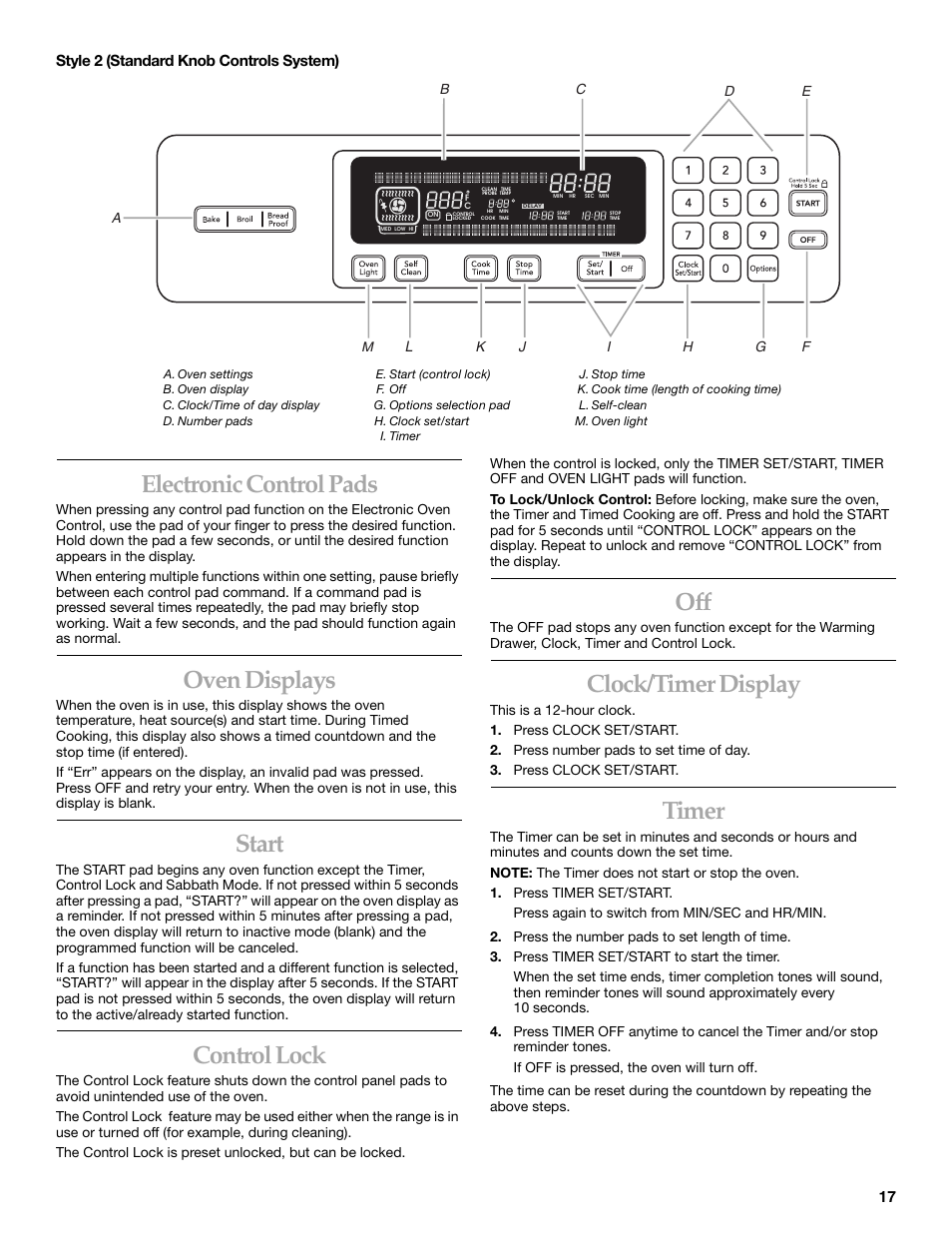 Electronic control pads, Oven displays, Start | Control lock, Clock/timer display, Timer | KITCHENAID ARCHITECT SERIES II KERS807 User Manual | Page 17 / 32