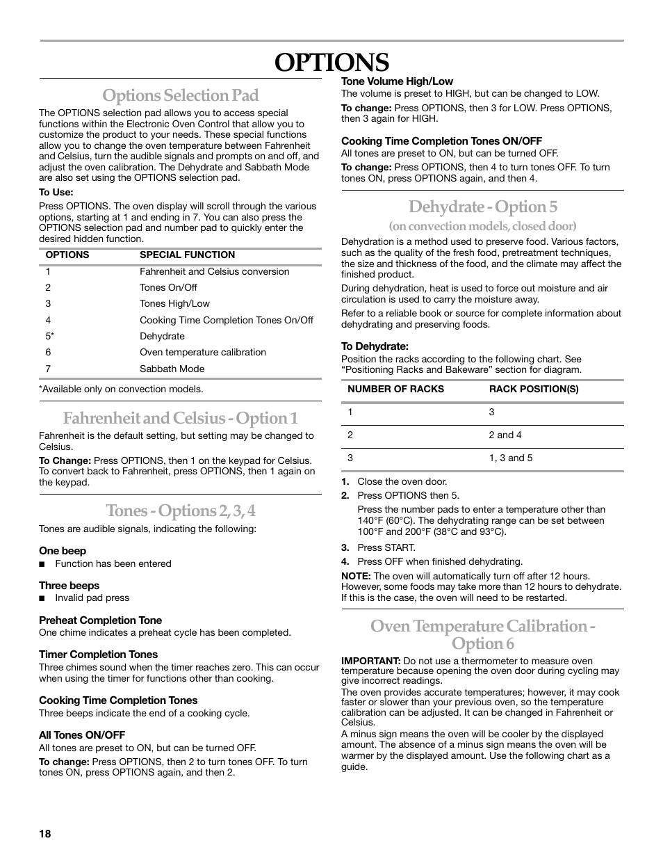 Options, Options selection pad, Fahrenheit and celsius - option 1 | Tones - options 2, 3, 4, Dehydrate - option 5, Oven temperature calibration - option 6 | KITCHENAID ARCHITECT SERIES II KERS807 User Manual | Page 18 / 32