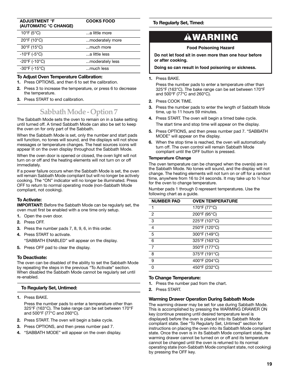 Warning, Sabbath mode - option 7 | KITCHENAID ARCHITECT SERIES II KERS807 User Manual | Page 19 / 32