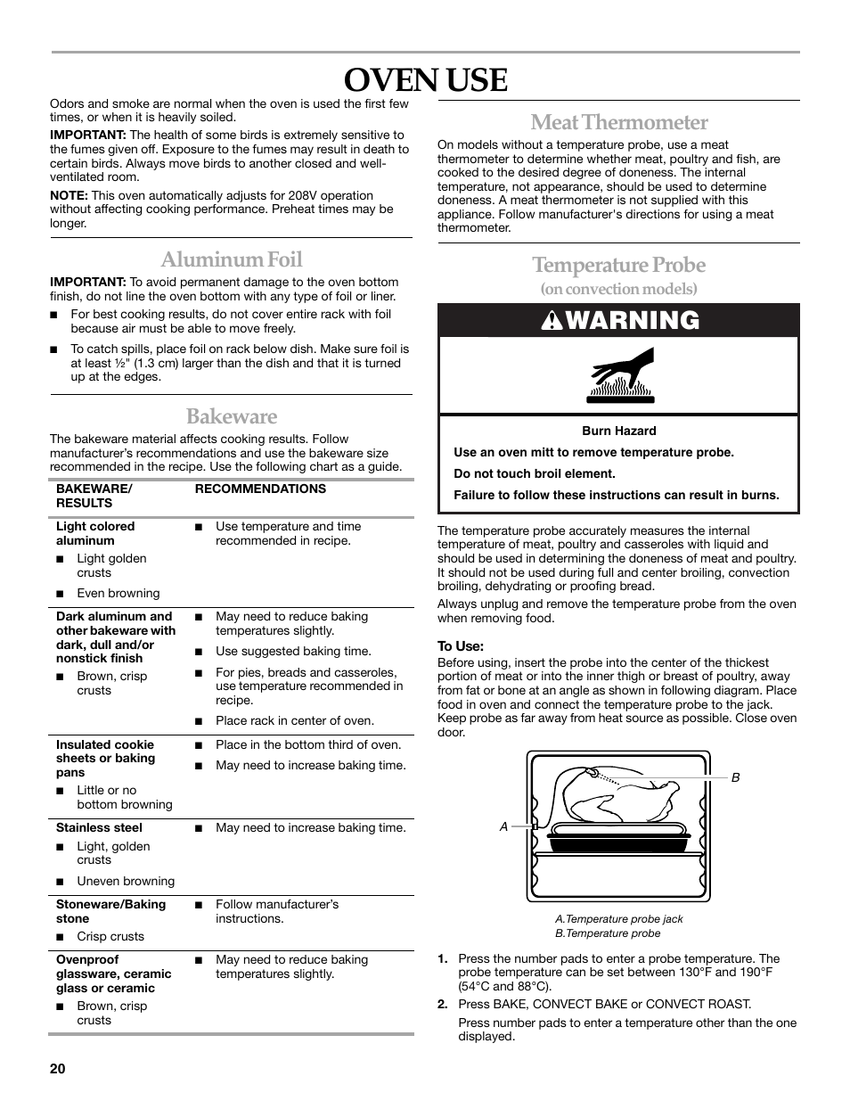 Oven use, Warning, Aluminum foil | Bakeware, Meat thermometer, Temperature probe, On convection models) | KITCHENAID ARCHITECT SERIES II KERS807 User Manual | Page 20 / 32