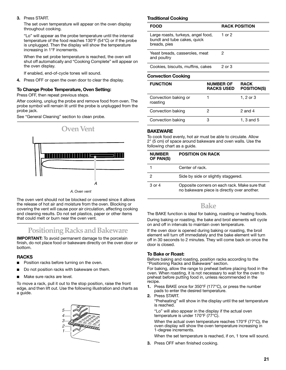 Oven vent, Positioning racks and bakeware, Bake | KITCHENAID ARCHITECT SERIES II KERS807 User Manual | Page 21 / 32