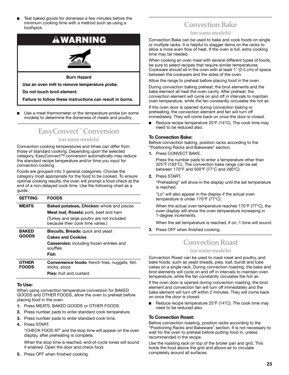 Warning, Easyconvect, Conversion | Convection bake, Convection roast | KITCHENAID ARCHITECT SERIES II KERS807 User Manual | Page 23 / 32