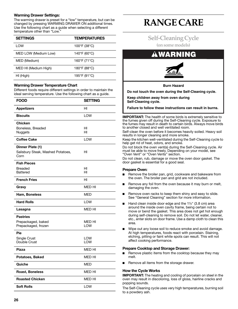 Range care, Warning, Self-cleaning cycle | On some models) | KITCHENAID ARCHITECT SERIES II KERS807 User Manual | Page 26 / 32