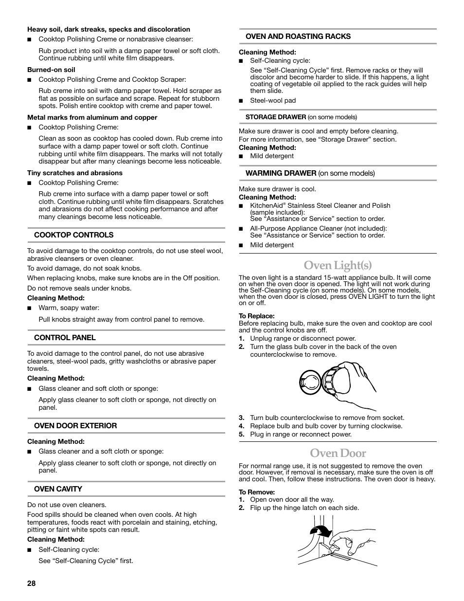 Oven light(s), Oven door | KITCHENAID ARCHITECT SERIES II KERS807 User Manual | Page 28 / 32