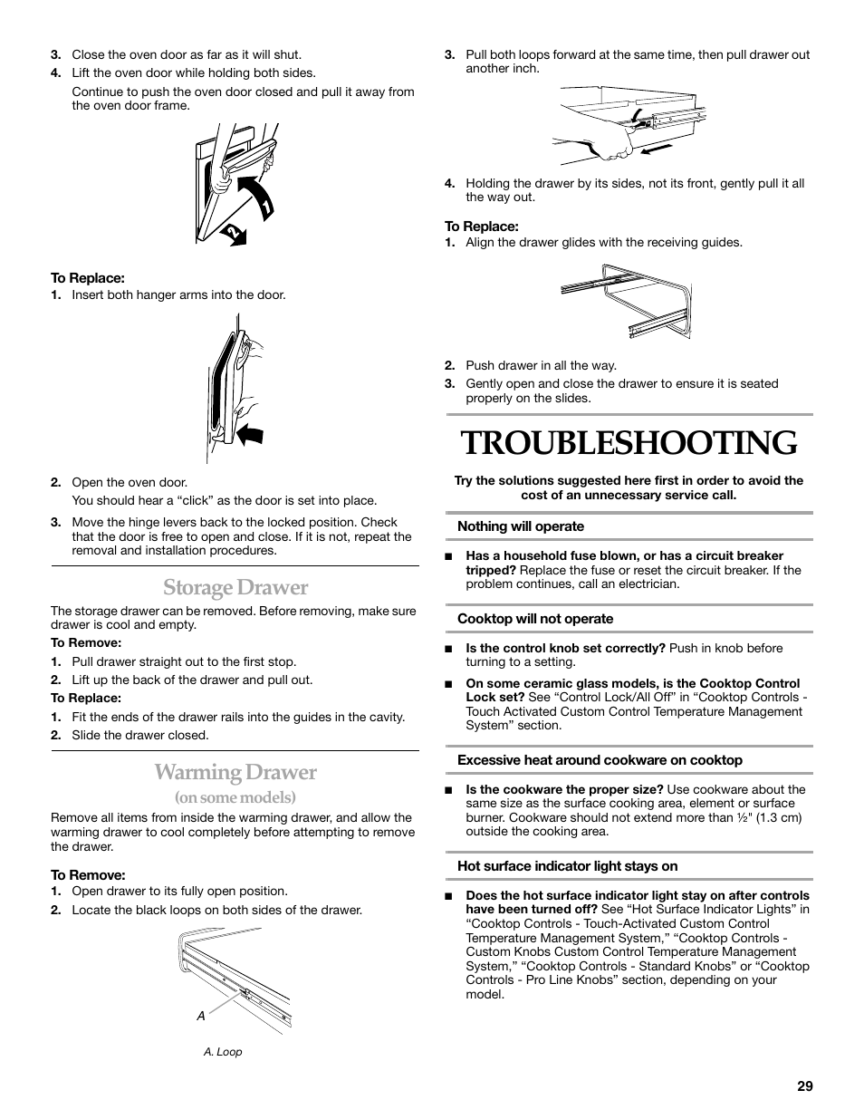 Troubleshooting, Storage drawer, Warming drawer | KITCHENAID ARCHITECT SERIES II KERS807 User Manual | Page 29 / 32