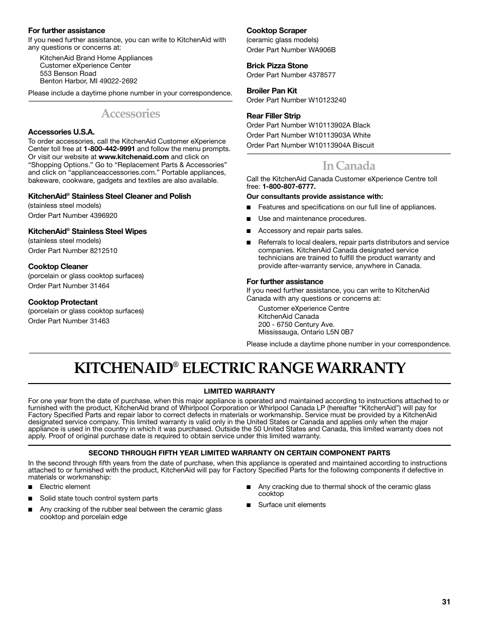 Kitchenaid, Electric range warranty, Accessories | KITCHENAID ARCHITECT SERIES II KERS807 User Manual | Page 31 / 32
