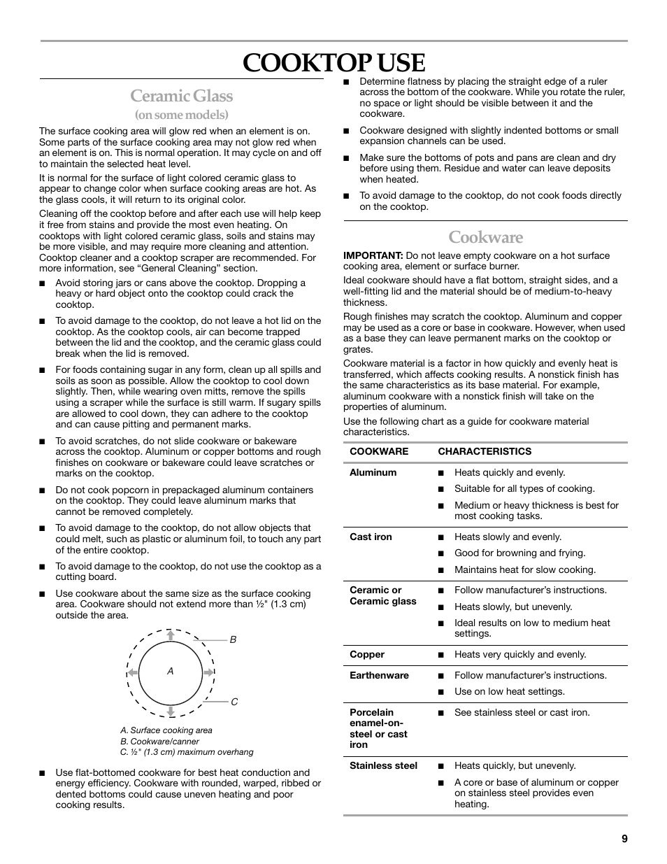 Cooktop use, Ceramic glass, Cookware | On some models) | KITCHENAID ARCHITECT SERIES II KERS807 User Manual | Page 9 / 32