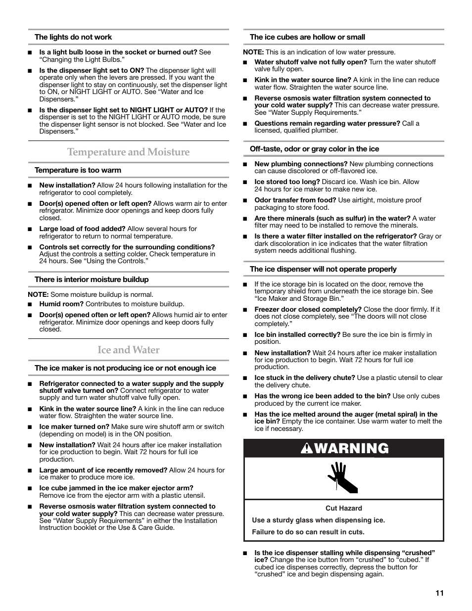 Warning, Temperature and moisture, Ice and water | KITCHENAID 2315184A User Manual | Page 11 / 48