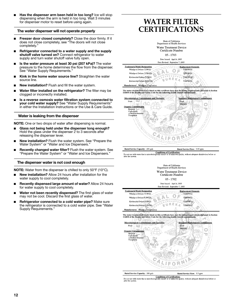 Water filter certifications | KITCHENAID 2315184A User Manual | Page 12 / 48