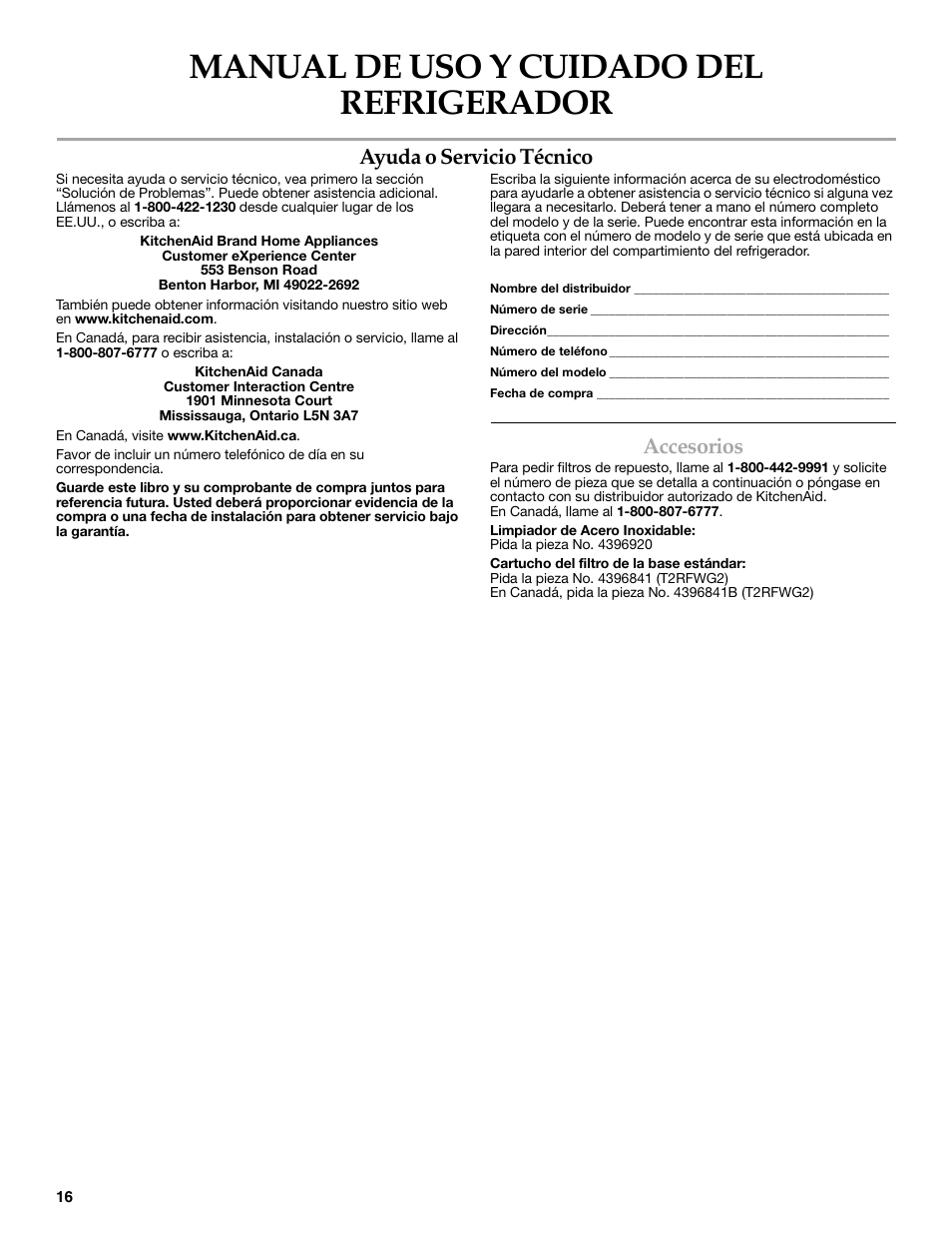 Manual de uso y cuidado del refrigerador, Ayuda o servicio técnico, Accesorios | KITCHENAID 2315184A User Manual | Page 16 / 48